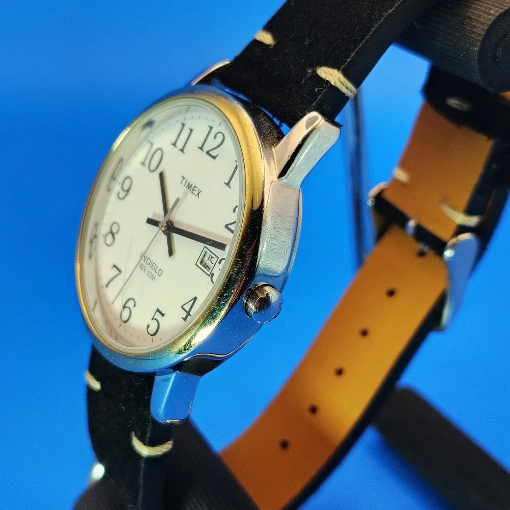 Vintage 2006 Timex Easy Reader Indiglo Date 35mm Mens Quartz Watch New Strap
